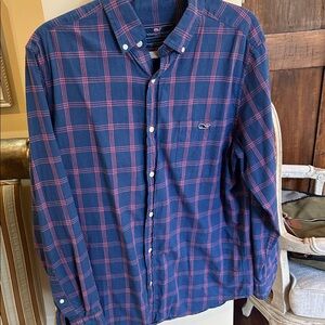 Vineyard Vines Men's Navy and Pink Checkered Shirt